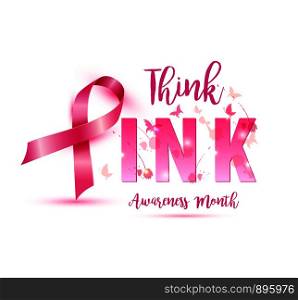 Breast cancer awareness concept illustration pink ribbon symbol, pink watercolor blots with text think pink.. Breast cancer awareness concept illustration pink ribbon symbol, pink watercolor blots with text think pink. Vector hand drawn illustration.