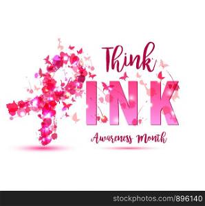 Breast cancer awareness concept illustration: pink ribbon symbol, pink watercolor blots with text think pink. Vector hand drawn illustration.. Breast cancer awareness concept illustration: pink ribbon symbol