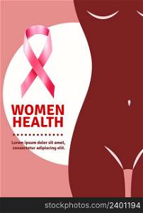 Breast cancer awareness flat poster with pink ribbon and female body vector illustration. Breast Cancer Awareness Poster