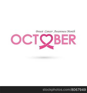 Breast cancer awareness logo design.Breast cancer awareness month icon.Realistic pink ribbon.Pink care icon.October word logo elements design.Vector illustration