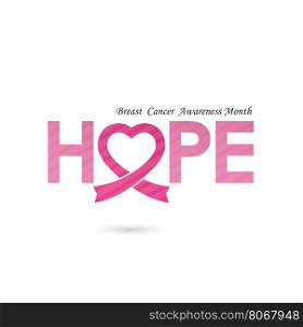Breast cancer awareness logo design.Breast cancer awareness month icon.Realistic pink ribbon logo.Pink care icon.Hope word logo elements design.Vector illustration