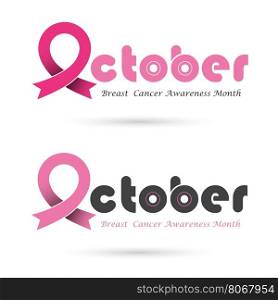 Breast cancer awareness logo design.Breast cancer awareness month icon.Realistic pink ribbon logo.Pink care logo.October word logo elements design.Vector illustration