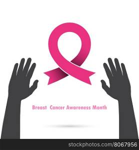 Breast cancer awareness logo design.Breast cancer awareness month icon.Realistic pink ribbon logo.Hand and Pink care logo.Vector illustration