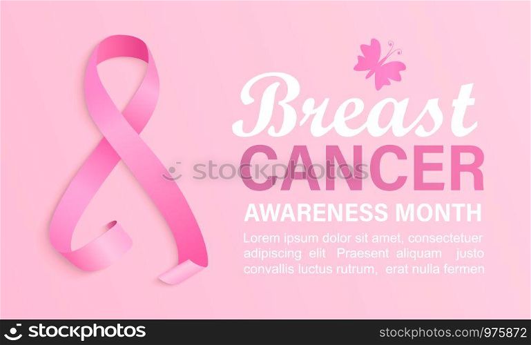 Breast cancer awareness month banner. Poster for world preventive health care iniative.Pink ribbon with butterfly and place for text.Template for design, placard, flyer, advertise.Vector illustration.. Breast cancer awareness month banner.