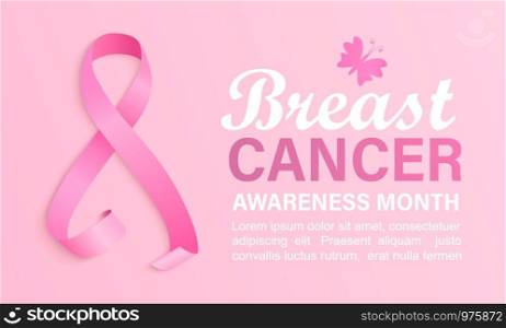 Breast cancer awareness month banner. Poster for world preventive health care iniative.Pink ribbon with butterfly and place for text.Template for design, placard, flyer, advertise.Vector illustration.. Breast cancer awareness month banner.