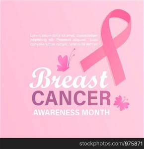 Breast cancer awareness month card. Banner for world preventive health care iniative. Pink ribbon with butterflies and place for text. Poster, flyer. Vector illustration.. Breast cancer awareness month card.