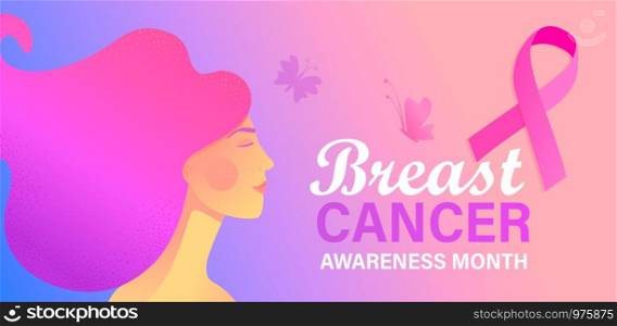 Breast cancer awareness month care poster. World preventive healthcare initiative.Banner with woman face,butterflies,pink ribbon, place for text.Placard, flyer, card.Vector illustration.. Breast cancer awareness month, care poster.