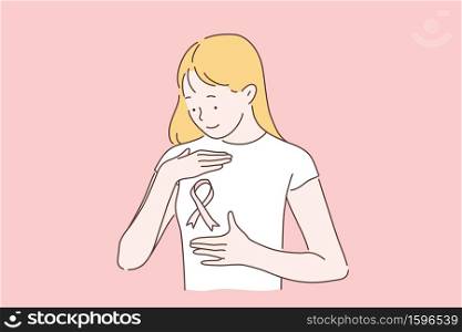 Breast cancer, awareness month concept. Womens day October 15 fight the disease. A young woman or girl smiling looks at a pink ribbon symbol. A lady with cancer doesnt fall in spirit. Volunteering, supporting. Simple flat vector.. Breast cancer, awareness month.