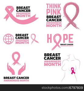 Breast Cancer Awareness month emblems, badges and design elements. Pink Ribbon. Vector illustration