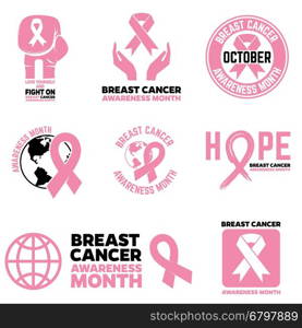Breast Cancer Awareness month emblems, badges and design elements. Pink Ribbon. Vector illustration