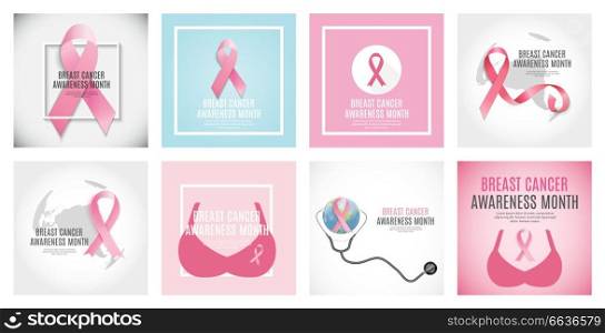 Breast Cancer Awareness Month Pink Ribbon Background Collection Set Vector Illustration EPS10. Breast Cancer Awareness Month Pink Ribbon Background Collection Set Vector Illustration