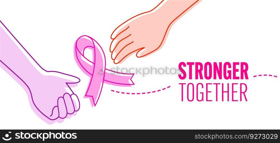 Breast Cancer Awareness Month. Pink ribbon with hands. Design for poster, banner, t-shirt. Illustration.