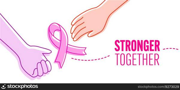 Breast Cancer Awareness Month. Pink ribbon with hands. Design for poster, banner, t-shirt. Illustration.