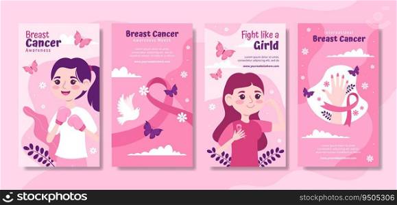 Breast Cancer Awareness Month Social Media Stories Flat Cartoon Hand Drawn Templates Background Illustration