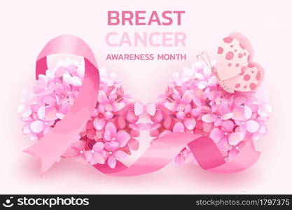 Breast cancer awareness month with pink ribbon and hydrangea flowers concept