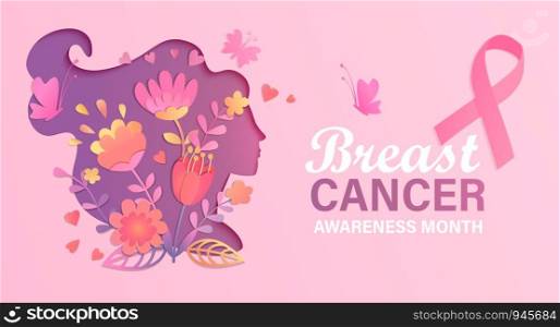 Breast cancer awareness month. World preventive health care initiative.Banner with paper cut woman face and flowers in her head,butterfly,pink ribbon, place for text.Poster, flyer.Vector illustration.. Banner for breast cancer awareness month.
