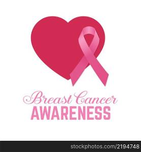 Breast cancer awareness pink card. Vector illustration. For poster, flyer or banner. Breast Cancer Awareness Ribbon on heart.. Breast cancer awareness pink card.