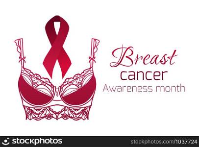 Breast cancer awareness. Pink ribbon with pink delicate bra. Vector element for cards, banners, flyers and your design.. Breast cancer awareness. Pink ribbon with pink delicate bra.
