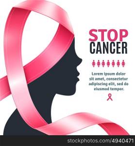 Breast Cancer Awareness Ribbon Background. Flat breast cancer awareness background with pink ribbon and female silhouette profile vector illustration