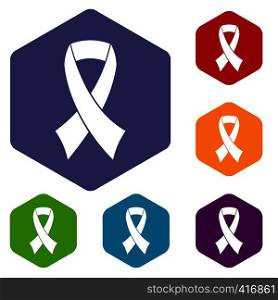 Breast cancer awareness ribbon icons set rhombus in different colors isolated on white background. Breast cancer awareness ribbon icons set