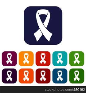 Breast cancer awareness ribbon icons set vector illustration in flat style in colors red, blue, green, and other. Breast cancer awareness ribbon icons set