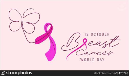 Breast cancer awareness world day poster vector illustration. One line drawing of woman face and breast cancer awareness ribbon.