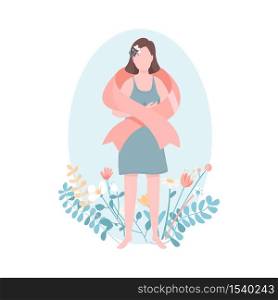 Breast cancer campaign flat concept vector illustration. Girl wear pink ribbon. Disease female survivor 2D cartoon character for web design. Social movement to raise awareness creative idea. Breast cancer campaign flat concept vector illustration