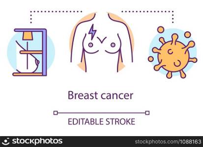 Breast cancer concept icon. Mammography idea thin line illustration. Mastography, checkup, exam. Women health. Oncological disease. Tissue, carcinoma. Vector isolated outline drawing. Editable stroke