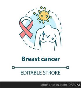 Breast cancer concept icon. Oncological disease idea thin line illustration. Women healthcare. Pink ribbon, awareness month. Tissue, carcinoma. Vector isolated outline drawing. Editable stroke