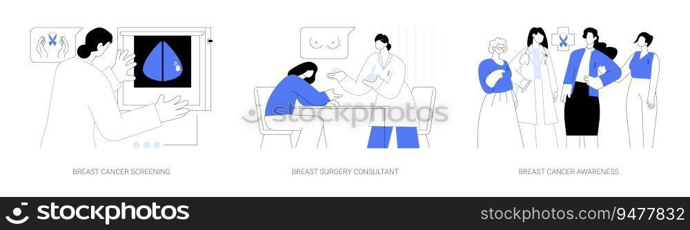 Breast cancer diagnosis abstract concept vector illustration set. Breast cancer screening, mastectomy surgery, breast cancer awareness, x-ray mammogram, medical examination abstract metaphor.. Breast cancer diagnosis abstract concept vector illustrations.