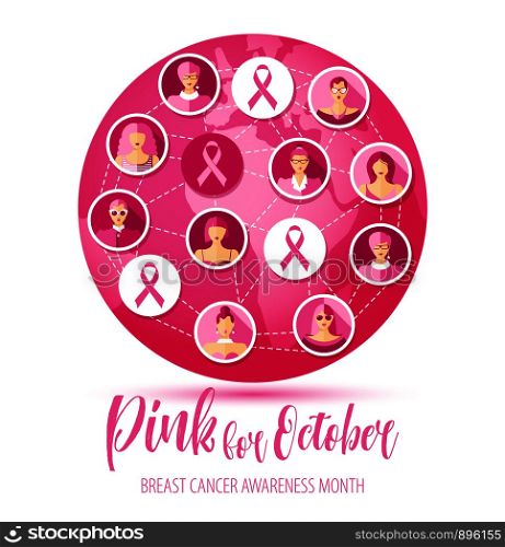 Breast cancer illustration of pink icons with wom n.. Breast cancer illustration of pink icons with faces of women.