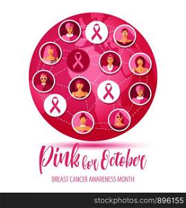 Breast cancer illustration of pink icons with wom n.. Breast cancer illustration of pink icons with faces of women.