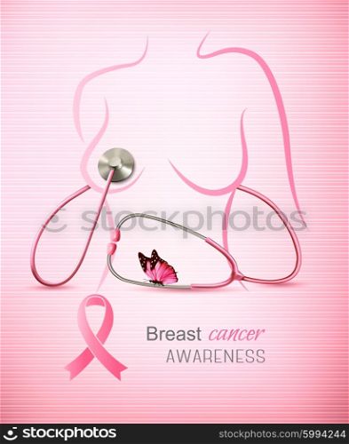 Breast cancer illustration with an awareness ribbon and a stethoscope. Vector.