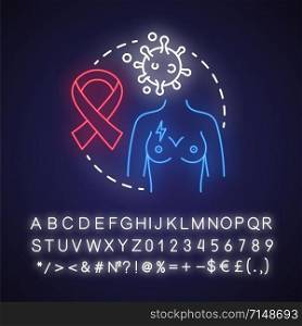 Breast cancer neon light concept icon. Oncological disease idea. Women healthcare. Pink ribbon, awareness month, tissue. Glowing sign with alphabet, numbers and symbols. Vector isolated illustration