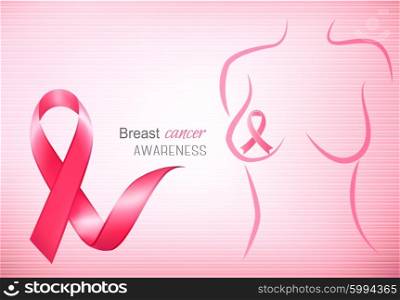 Breast cancer pink background - an awareness ribbon and a stethoscope. Vector.