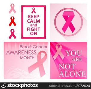 Breast cancer poster set. Breast cancer awareness month posters and pink ribbons. Vector illustration.