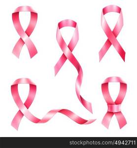 Breast Cancer Ribbons Set. Realistic set of breast cancer pink ribbon symbols isolated on white background vector illustration