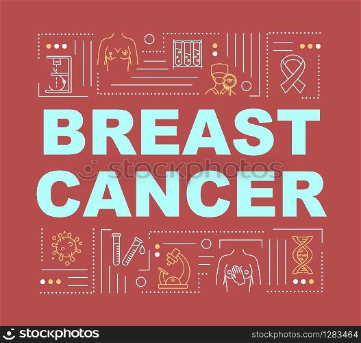 Breast cancer word concepts banner. Female oncology diagnosis, treatment. Infographics with linear icons on dark red background. Isolated typography. Vector outline RGB color illustration