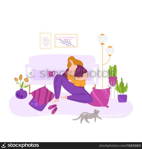 Breast feeding and happy motherhood, Young mother nursing baby, flat cartoon female character. Maternity leave, natural feeding concept. Woman breastfeeding her child indoors. flat vector illustration. motherhood concept - woman and baby