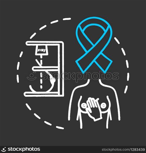 Breast oncology chalk RGB color chalk RGB color concept icon. Cancer diagnosis, treatment, awareness ribbon. Women health idea. Vector isolated chalkboard illustration on black background