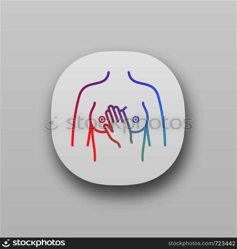 Breast palpation app icon. Woman breast self examination. Medical examination. Female health. Cancer prevention. UI/UX user interface. Web or mobile application. Vector isolated illustration. Breast palpation app icon