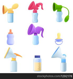 Breast pump icons set. Cartoon set of breast pump vector icons for web design. Breast pump icons set, cartoon style