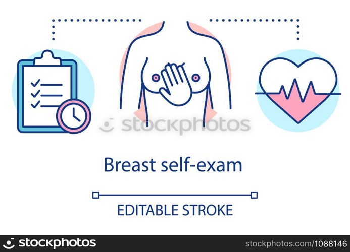 Breast self exam concept icon. Chest screening idea thin line illustration. Cancer prevention. Palpation, examining, bse. Women health. Vector isolated outline drawing. Editable stroke