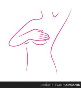 Breast self-exam, Information for self-examination. Woman checking her breast, outline style. Breast cancer awareness month. Illustration.