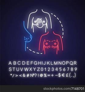 Breast self exam neon light concept icon. Cancer prevention idea. Screening method. Palpation, examining, bse. Glowing sign with alphabet, numbers and symbols. Vector isolated illustration