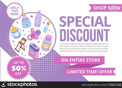 Breastfeeding banner isometric background with child food bottles dummies and editable text on ribbons and badges vector illustration