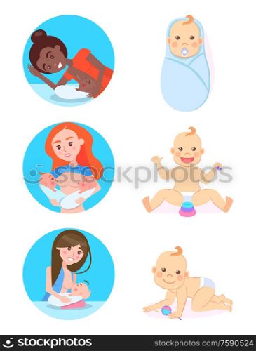 Breastfeeding concept, vector multinational woman feeding children by own milk. Vector baby milestones from 1 to 12, playing with blocks and rattle. Breastfeeding Concept, Vector Woman and Children