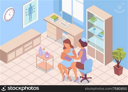 Breastfeeding consultation lactation isometric composition with indoor scenery of clinic room with doctor and nursing woman vector illustration