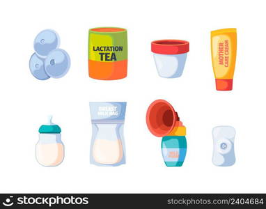 Breastfeeding. Icons of maternity nurse baby breast pump bottle with milk sling infant garish vector symbols. Illustration maternity feeding breast, healthy preparation to eat. Breastfeeding. Icons of maternity nurse baby breast pump bottle with milk sling infant garish vector symbols