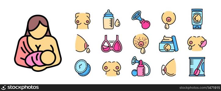 Breastfeeding icons set. Outline set of breastfeeding vector icons for web design isolated on white background. Breastfeeding icons set, outline style
